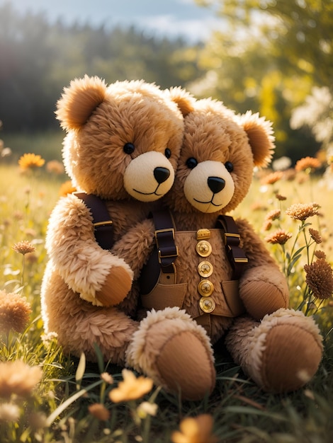 Ein Paar süßer Teddybären kuscheln auf einer sonnenverwöhnten Wiese