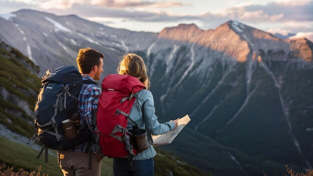 Ein Paar Touristen mit Rucksäcken auf dem Berg