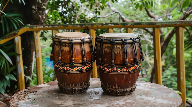 Foto ein paar traditionelle afrikanische trommeln sitzen auf einem holztisch in einer üppigen umgebung im freien die trommeln sind aus holz und haben komplizierte schnitzereien