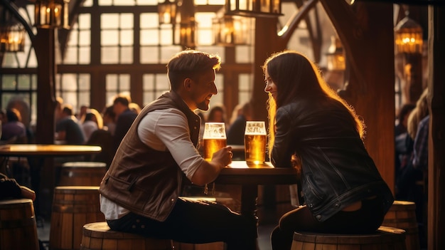 Ein Paar trinkt Bier in einem klassischen Restaurant mit hölzernen Bierfässern als Sitzplätze