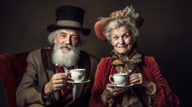 Ein Paar trinkt Tee und lächelt in die Kamera