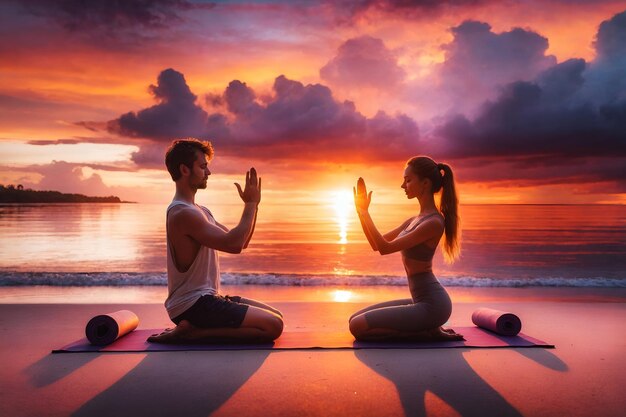 Ein Paar übt Yoga am Strand