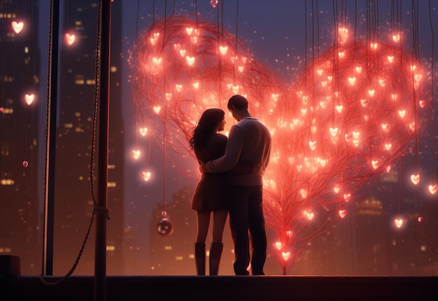 Ein Paar umarmt sich am Valentinstag, erhellt vom warmen Schein hängender Herzen