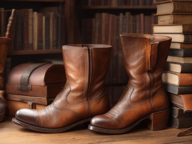 Ein Paar Vintage-Lederstiefel auf einem alten Holzboden, umgeben von alten Büchern und Antiquitäten.
