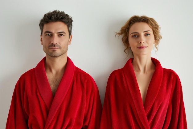 Ein Paar von Personen, die rote Bademanteln vor weißem Hintergrund tragen
