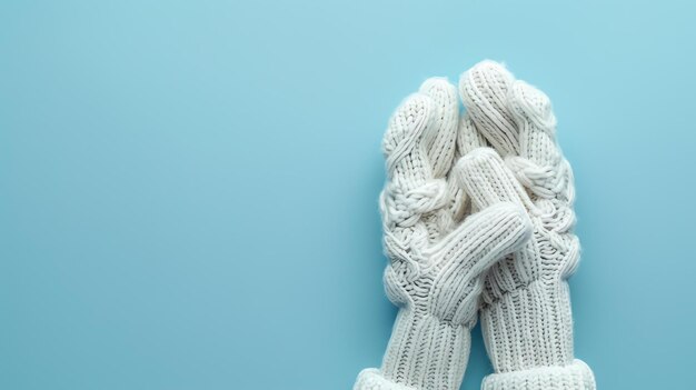 Foto ein paar weiße strickhandschuhe auf blauem hintergrund die handschuhe sind mit den fingern zusammengefaltet