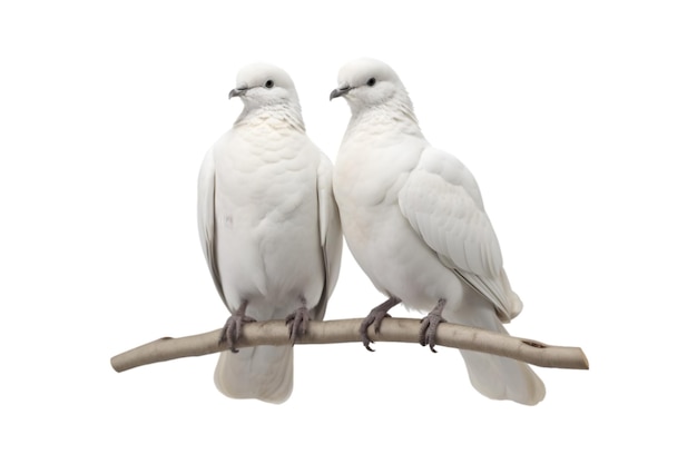 Ein Paar weiße Tauben macht Liebe, während es auf einem Ast sitzt
