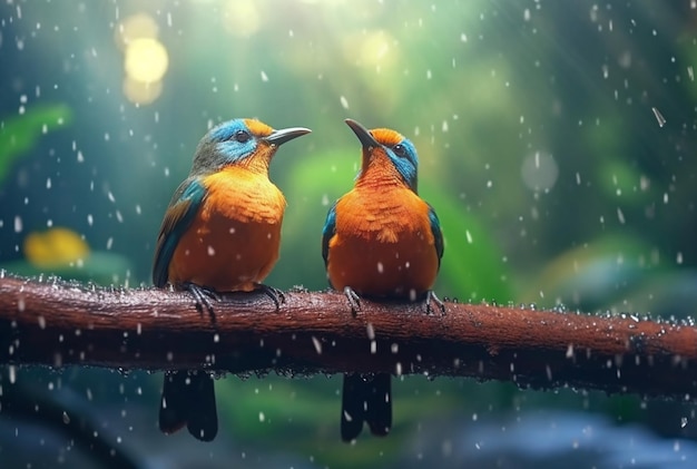 Ein Paar wunderschöner Vögel im Wald mit Regentropfen und generativer KI mit verschwommenem Hintergrund