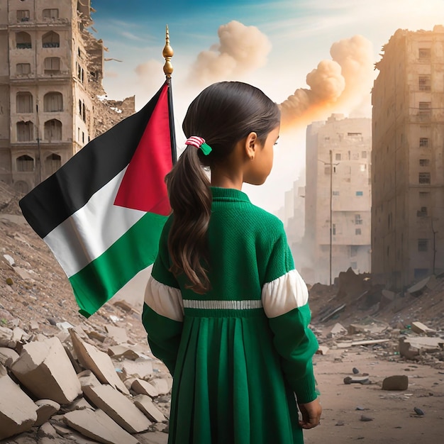 Ein palästinensisches Kind, das nach dem Krieg in einer zerstörten Stadt steht. Ai Generated