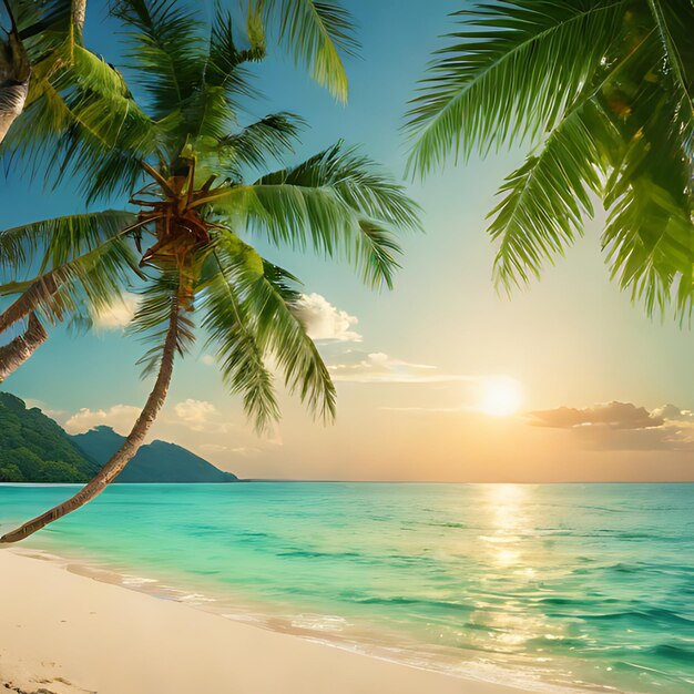 Foto ein palmbaum an einem strand mit der sonne, die sich dahinter legt