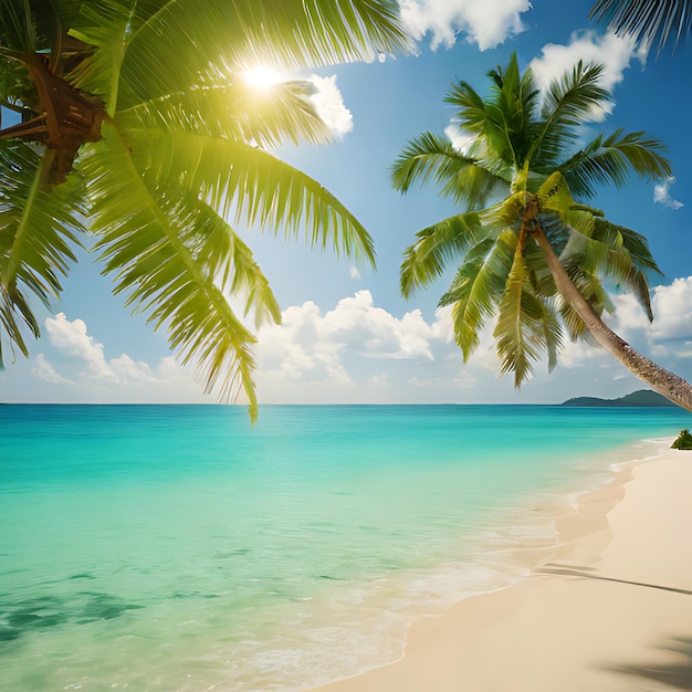 ein Palmbaum an einem Strand mit einer Hütte auf der linken Seite