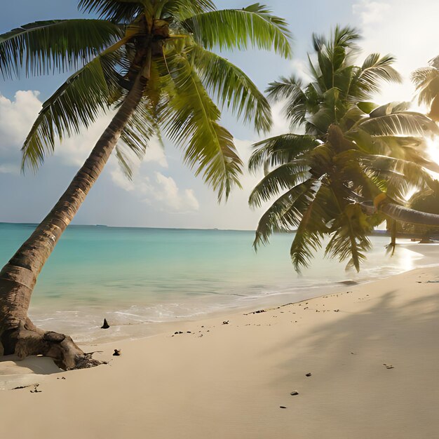 ein Palmbaum an einem Strand mit einer Person, die am Strand sitzt