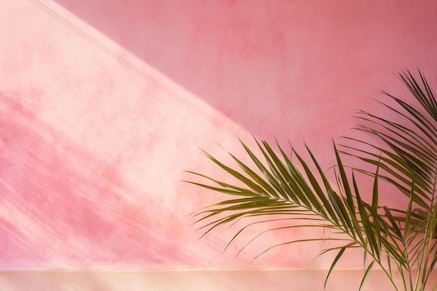 ein Palmbaum steht vor einer rosa Wand mit einer rosa Wand dahinter