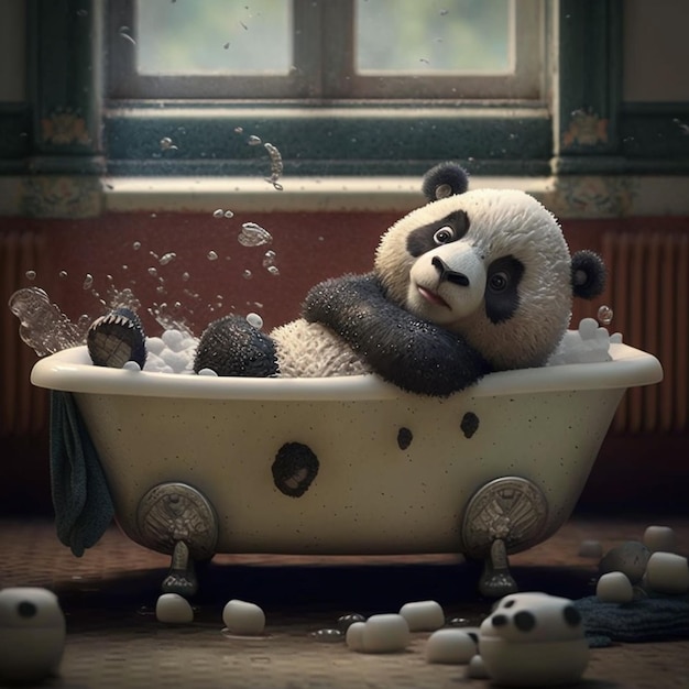 Ein Panda badet in einer Badewanne mit Seifenblasen.