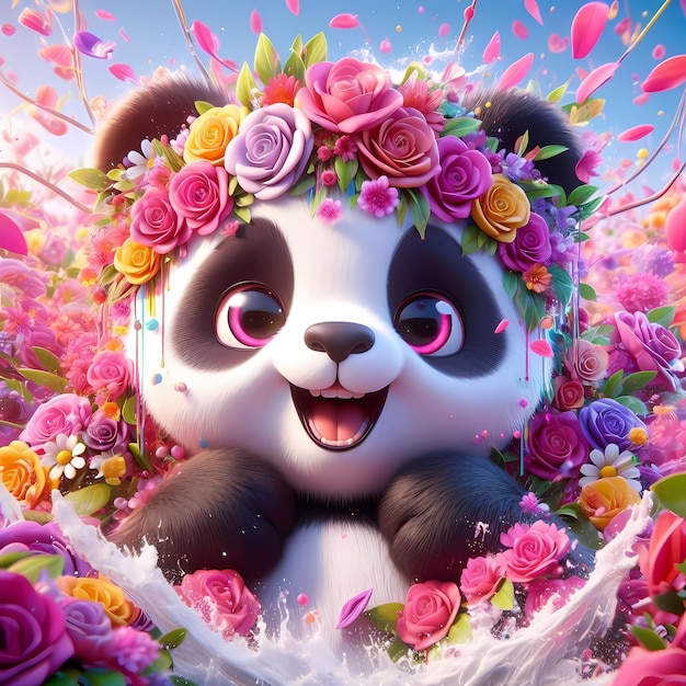 ein Panda-Bär mit Blumen und einer Blumenkrone