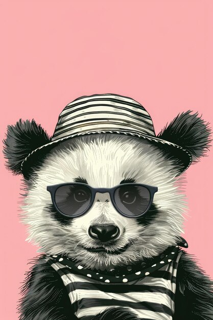 Ein Panda-Bär mit Sonnenbrille und Hut sitzt auf einem rosa Hintergrund