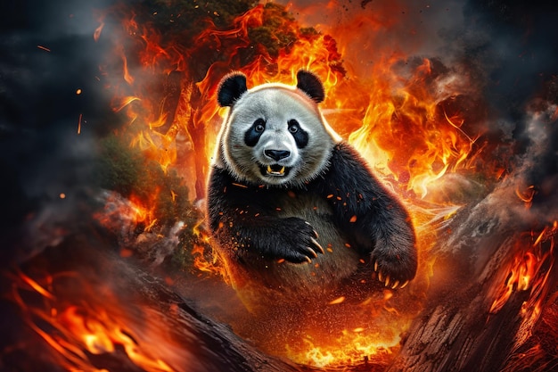 Ein Panda-Bär sitzt auf einem Feuerhaufen, umgeben von Flammen aus dem Waldbrand, dem er entkommen war.