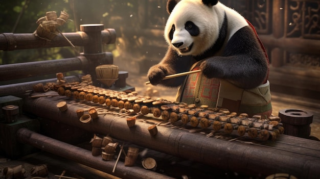 Ein Panda, der mit einer Kiste Pandas eine Partie Bambus spielt.