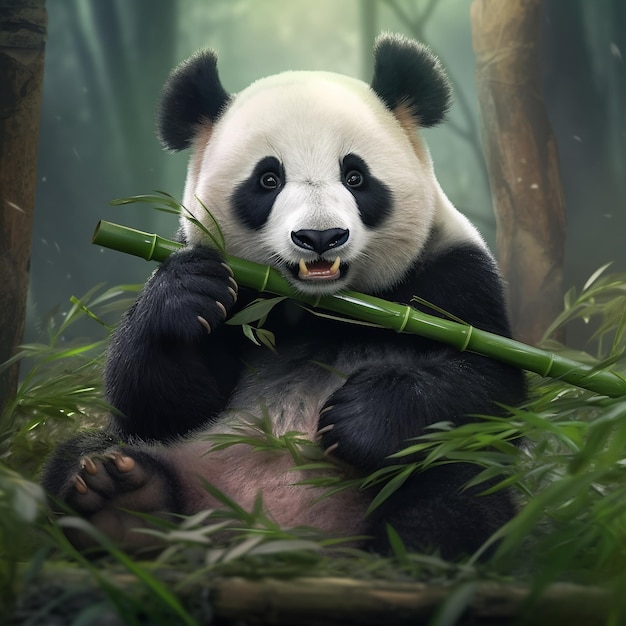 Foto ein panda hält bambus in einem bambuswald.