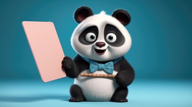 Ein Panda hält ein rosa Papier mit einer blauen Fliege und einem rosa Maßband.