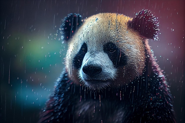 Ein Panda im Regen mit Regentropfen