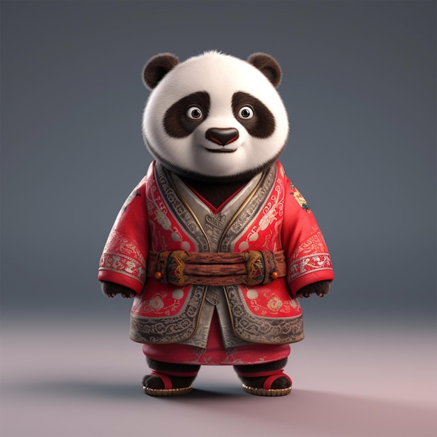 Ein Panda im roten Kimono steht vor grauem Hintergrund.