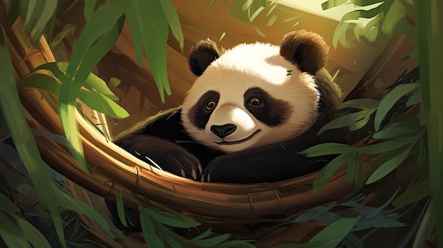 ein Panda in einem Baum mit grünem Bambushintergrund.