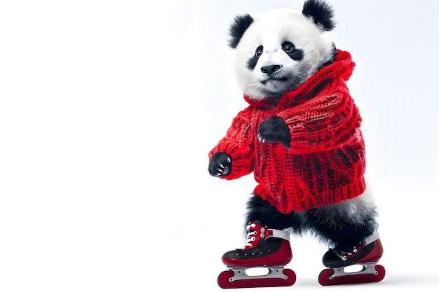 Ein Panda in einem roten Strickpullover auf Schlittschuhen