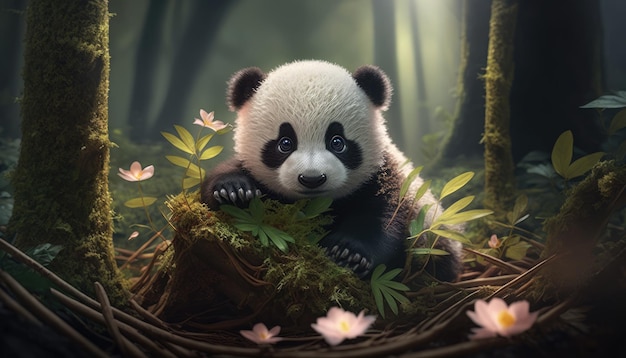 Ein Panda in einem Wald mit Blumen