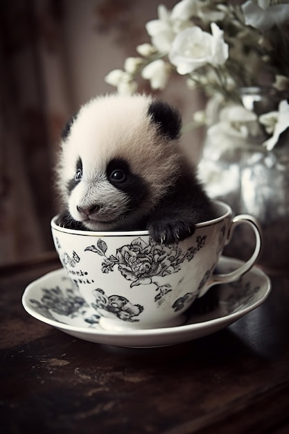 Ein Panda in einer Tasse, auf der steht: „Ich bin eine Tasse“.