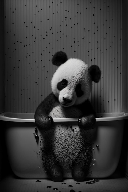 Ein Panda liegt in einer Badewanne mit Wasser darauf.