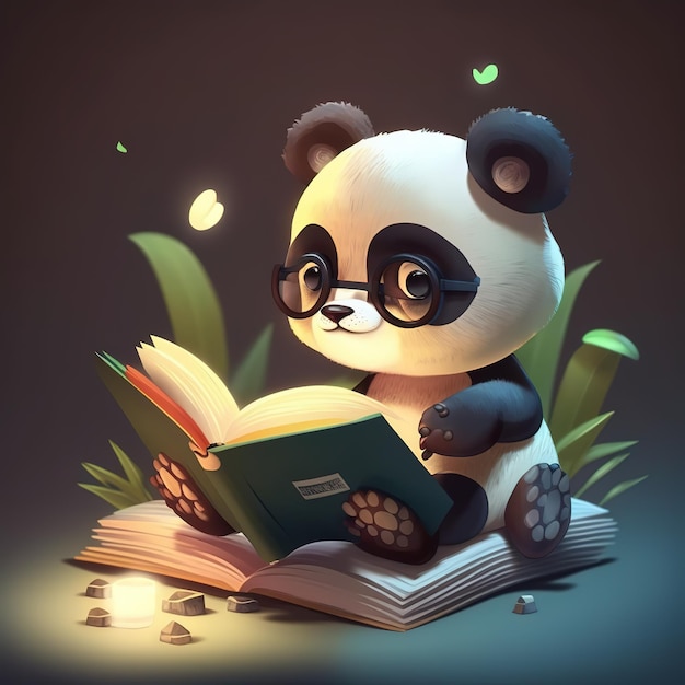 Ein Panda liest in einem dunklen Raum ein Buch.