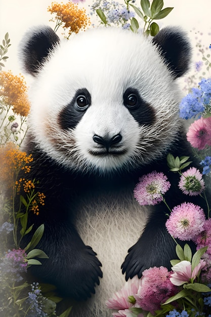 Ein Panda mit Blumen im Hintergrund