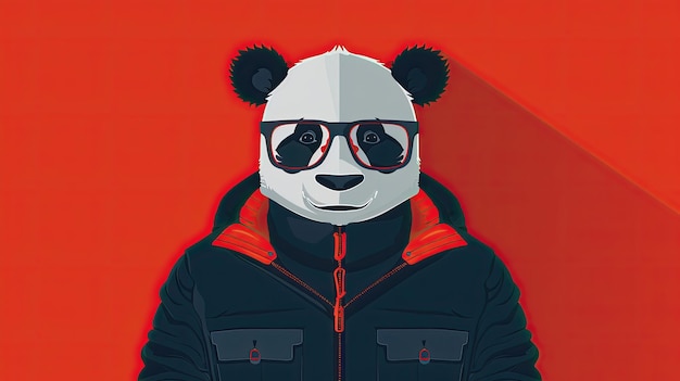 Ein Panda mit Brille und Jacke steht vor einem roten Hintergrund