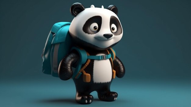 Ein Panda mit einem Rucksack auf dem Rücken läuft auf blauem Hintergrund.