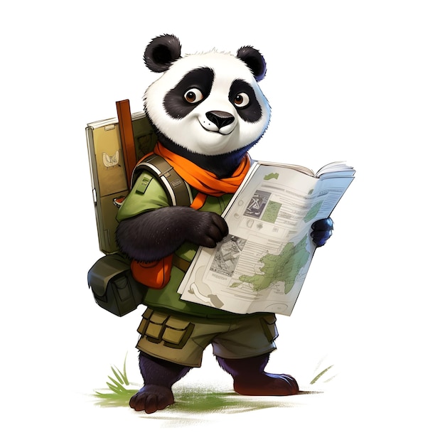 Ein Panda mit einem Rucksack, der eine Zeitung im Cartoon-Stil liest.