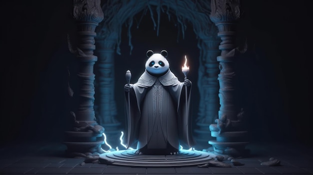 Ein Panda mit einem Schwert in der Hand steht vor dunklem Hintergrund.