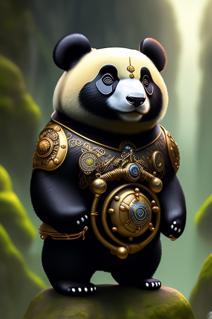 Ein Panda mit einer goldenen Rüstung und einem Schild auf der Brust.