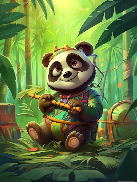 Ein Panda mit einer Trommel in der Hand spielt im Dschungel.