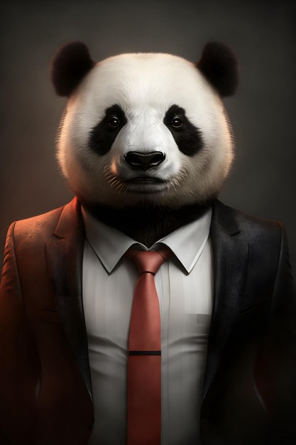 Ein Panda mit roter Krawatte und einem Hemd mit der Aufschrift „Panda“