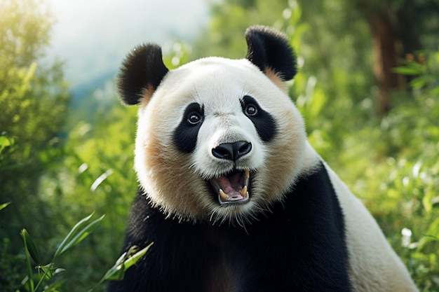 ein Panda mit schwarzen Augen und ein weißes Gesicht mit schwarfen Augen