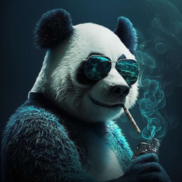 Ein Panda mit Sonnenbrille und einer Zigarette im Mund.