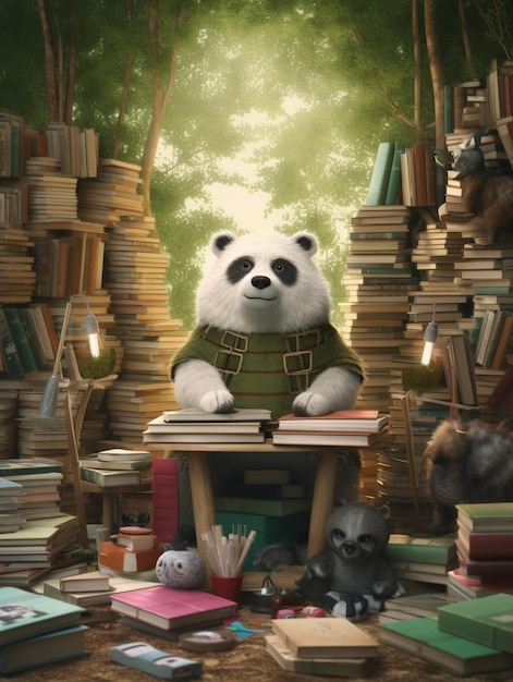 Ein Panda sitzt an einem Schreibtisch mit Büchern und einem Buch.