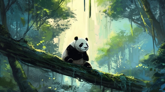 Ein Panda sitzt auf einem Ast in einem Wald