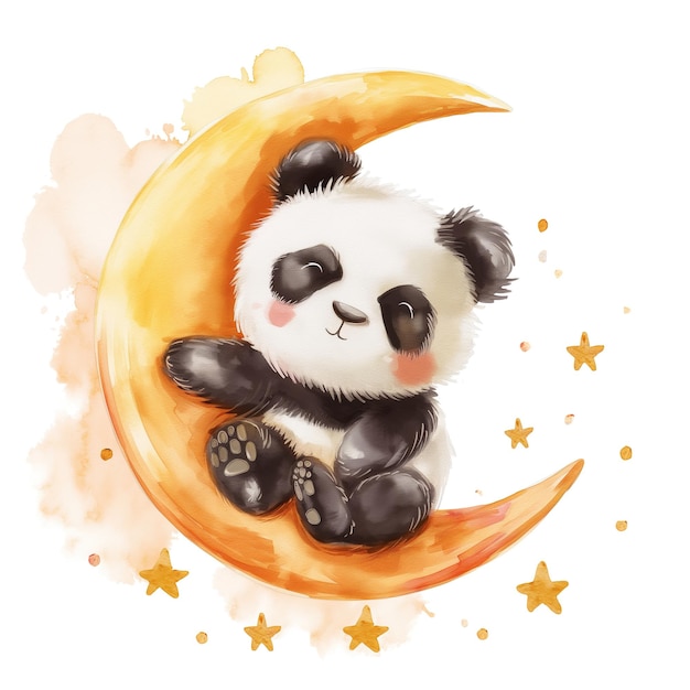 ein Panda sitzt auf einem Mond mit Sternen und einem weißen Hintergrund