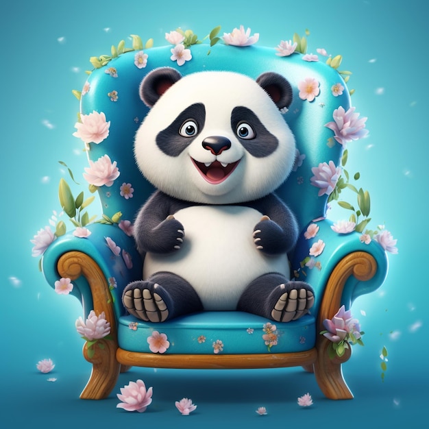 Ein Panda sitzt auf einem Stuhl mit Blumen darauf.