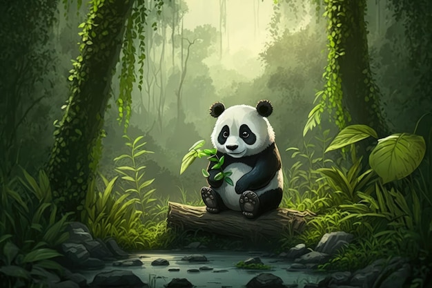 Ein Panda sitzt mit einem grünen Blatt im Wald.