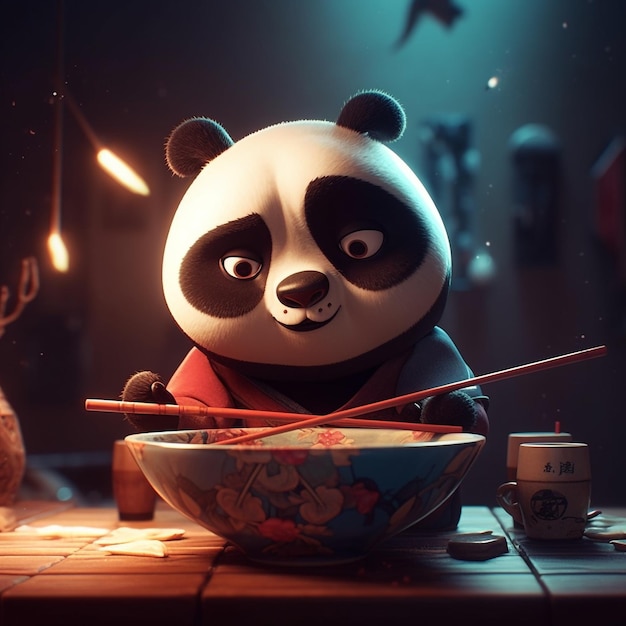 Ein Panda sitzt mit einer Schüssel Reis und Stäbchen an einem Tisch.