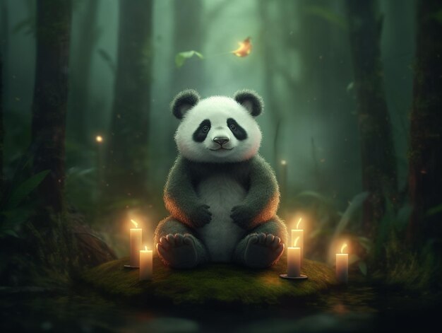 Ein Panda sitzt mit Kerzen und einer schwarzen Fliege in einem Wald.