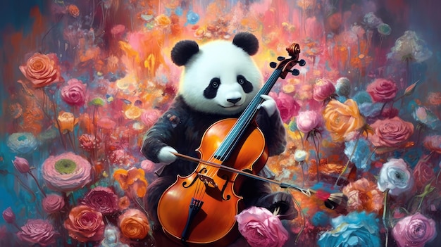 Ein Panda spielt Cello in einem Blumengarten.